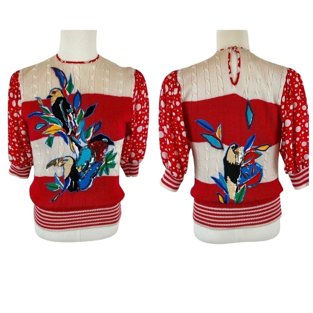 Diane Freis Knit Vintage 80s Short Sleeve Blouse Top Embellished Parrot Bird M/L